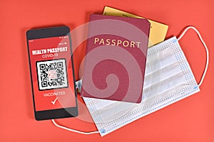 Concept for international Corona virus vaccine passport on mobile phone device to allow vaccinated people privileges