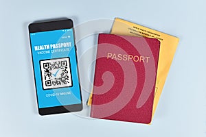 Concept for international Corona virus vaccine passport on mobile phone device to allow vaccinated people privileges