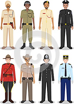 The concept of international police. Set of different detailed illustrations of sheriff, gendarme and policeman