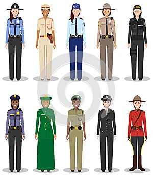 The concept of international police. Set of different detailed illustrations of sheriff, gendarme and policewoman in a flat style