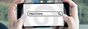 Concept of Internet search. Secure connection https. Wide banner. Shallow depth of field.