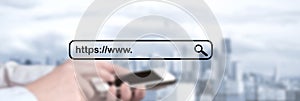Concept of Internet search. Secure connection https. Wide banner. Shallow depth of field. photo