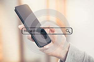 Concept of Internet search. Secure connection https. Wide banner. Shallow depth of field.