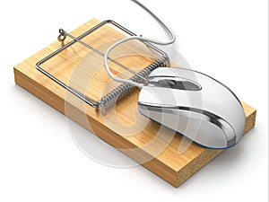 Concept of internet security. Computer mouse and mousetrap.