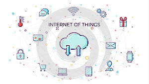 Concept Internet of things. Cloud network concept for connected smart devices. Vector illustration of IoT and network connections
