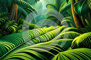 Intricate Beauty Of Rainforest, Jungla, Tropical Forest With Big Monstera Leaves, Stunning Green Horizontal Backg. Generative AI photo