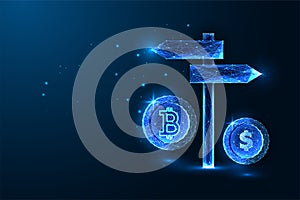 Futuristic concept of investment choice between cryptocurrency and stocks on dark blue background