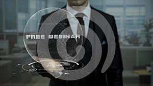 Concept isolated american digital man with smart phone app in hand. presenting Free Webinar