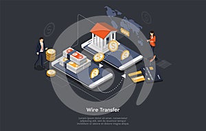 Concept Of Isometric Wire Transfer. Tiny Characters At Huge Smartphones. People Are Paying By Wire Transfers For Goods