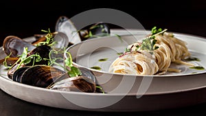 The concept of Italian cuisine. Pasta with cream sauce, pesto and seafood, mussels. European cuisine. Serving dishes