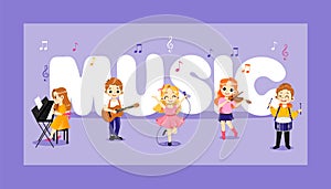 Concept Of Jazz, Pop, Rock and Classical Music Performers. Talented Children Play Percussion, Piano, Violin, Guitar