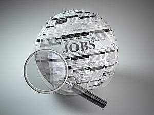 Concept of job search . Newspaper sphere and loupe.