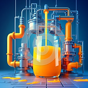 Concept of a juice production line with orange liquid flowing into a glass in futuristic industrial backdrop