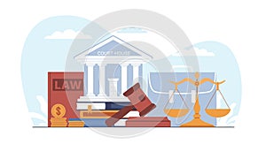 Concept of justice, courthouse, gavel, law book and scales. Services of lawyer, attorney or notary, jurisprudence and