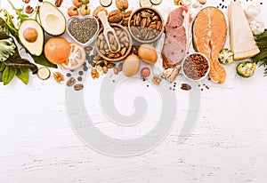 Concept of ketogenic low carbs diet ingredients for balanced healthy food selection on white surface