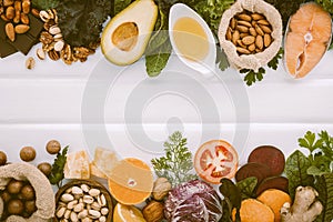 Concept of ketogenic low carbs diet ingredients for balanced healthy food selection on white surface