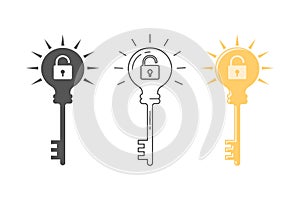 Concept of Key Idea. Light bulb, lock and key icon set. Flat style illustration. Isolated on white background.