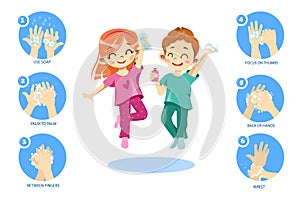 Concept Of Kids Personal Hygiene. Infographic Icons With Rules Showing How To Wash Hands Properly. Happy Children Boy