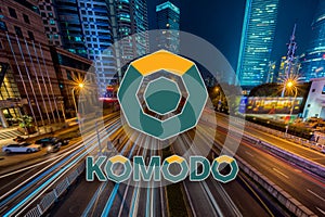 Concept of Komodo coin moving fast on the road, a Cryptocurrency blockchain platform