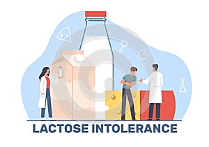 Concept of lactose intolerance, man feels unpleasant sensations in stomach and consults doctor. Huge bottle of milk and photo