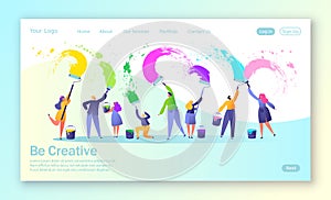 Concept of landing page with business creative teamwork. Creative people characters paints with brushes and paint rollers big whit