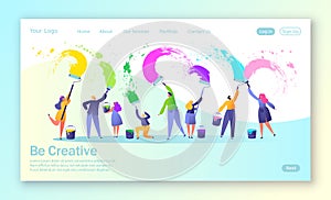 Concept of landing page with business creative teamwork. Creative people characters paints with brushes and paint rollers big whit photo