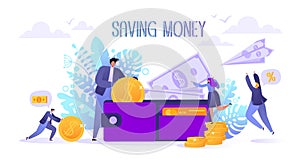 Concept of landing page on business and finance, saving money theme. Career, salary, earnings profit. Flat characters collecting m photo