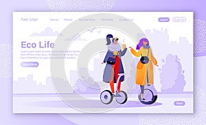 Concept of landing page on ecology and autumn outdoor theme. Flat design characters of women riding modern electric scooter
