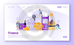 Concept of landing page on finance theme. Concept of online banking, money transaction technology. Credit card and payment termina