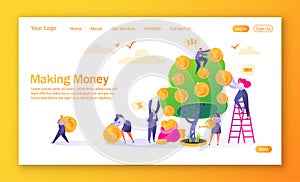 Concept of landing page on finance theme. Making money business investment with flat people characters. Woman watering money tree