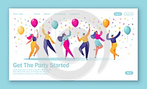 Concept of landing page with group of happy, joyful people celebrating holiday, event.