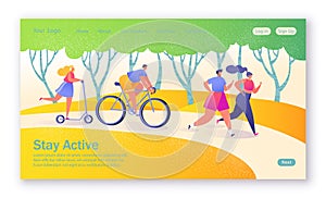 Concept of landing page on healthy lifestyle theme. Active people sports.