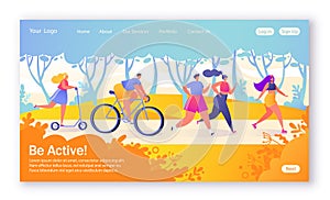 Concept of landing page on healthy lifestyle theme. Active people sports. Happy characters riding bicycle, couplerunning, woman on photo