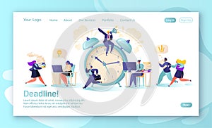 Concept of landing page with office workers and business people working overtime at Deadline.