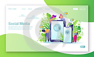 Concept of landing page on social media network theme. Virtual communication concept. Vector illustration for mobile website devel