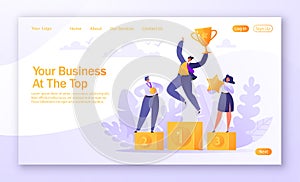 Concept of landing page on teamwork, career, rich goal success achievement theme with successful flat business people characters.