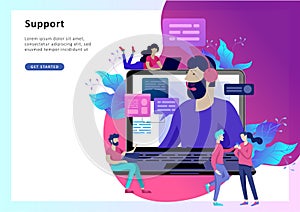 Concept Landing page template customer service, male hotline operator advises client