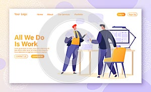 Concept of landing page, website, template for web design with vector illustration in flat cartoon style on the topic of office wo