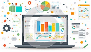 Concept with laptop computer, charts diagrams, graphs and place for text.