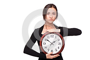 Concept for lateness, woman with clock