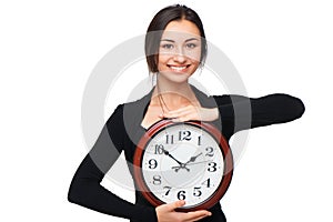 Concept for lateness, woman with clock