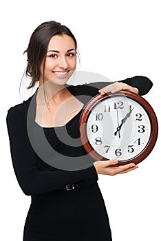 Concept for lateness, woman with clock photo