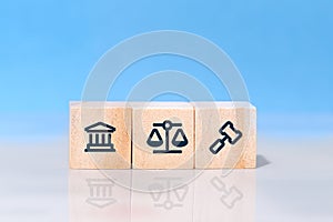 Concept of law and justice. Wooden block cube shape with icon law legal justice