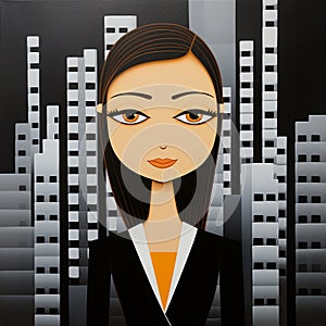 Concept of leadership woman in business. Female character in a suit standing on cityscape background in confident pose