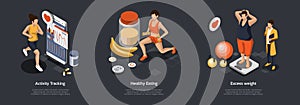 Concept Of Leading Healthy Lifestyle. Characters Monitor Of Health Performance, Eating Healthy Meal, Exercising. Men And