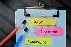 Concept of Leads Customer Prospects write on sticky notes isolated on Wooden Table