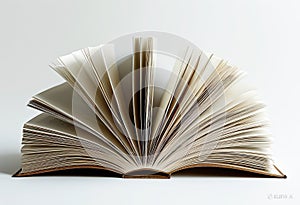 Close up open book with blank pages. Lightening background. AI generated photo