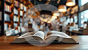 Open book on wooden table. Library blurred in the background. photo