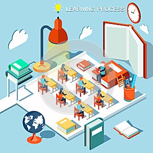 The concept of learning, read books in the library, classroom isometric flat design