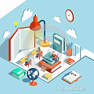 The concept of learning, read books in the library, isometric flat design